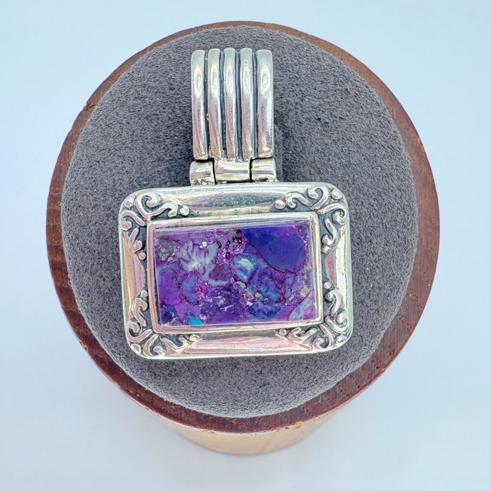 VTG Sterling Silver 925 Purple Copper Turquoise Bezel Set Pendant 1.25" Length